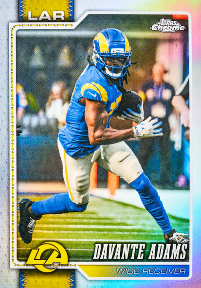 2026 Topps Chrome Football Davante Adams Refractor card featuring the Los Angeles Rams wide receiver carrying the ball.