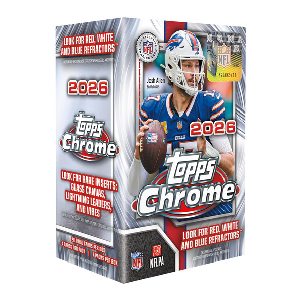 2026 Topps Chrome Football Value Box featuring Josh Allen, with 28 cards and Red, White and Blue Refractors advertised on the packaging.