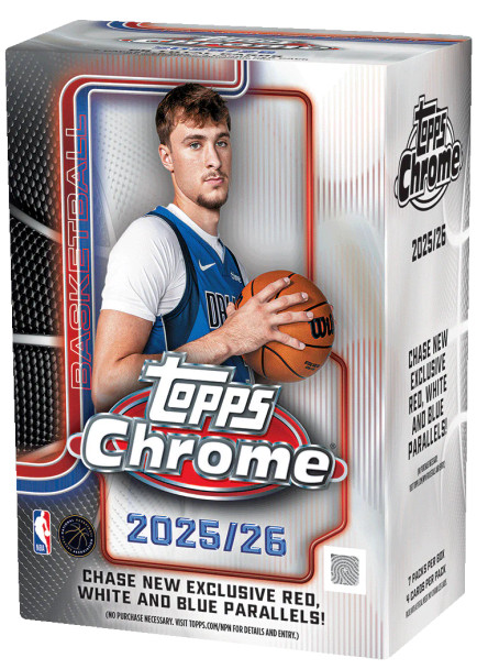 “Shop the 2025/26 Topps Chrome Basketball Box featuring premium Chrome cards, exciting rookie content, and exclusive Red, White & Blue parallels. A must-have release for basketball card collectors and hobby enthusiasts.”