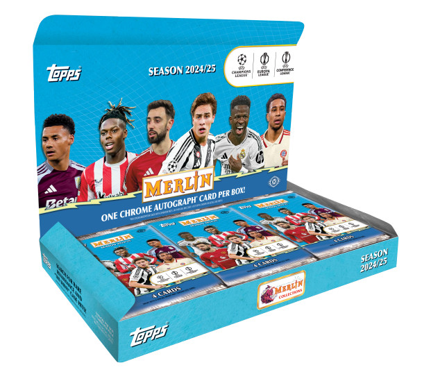 Front view of the 2024/25 UCC Merlin Soccer Hobby Box showcasing vibrant Merlin artwork and European football design elements.