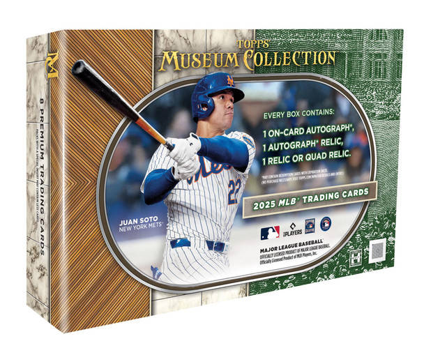 2025 Topps Museum Collection Baseball Hobby Box featuring Juan Soto in a Mets uniform. Includes 8 premium trading cards per box with on-card autograph, autograph relic, and memorabilia hits—ideal for high-end MLB collectors.