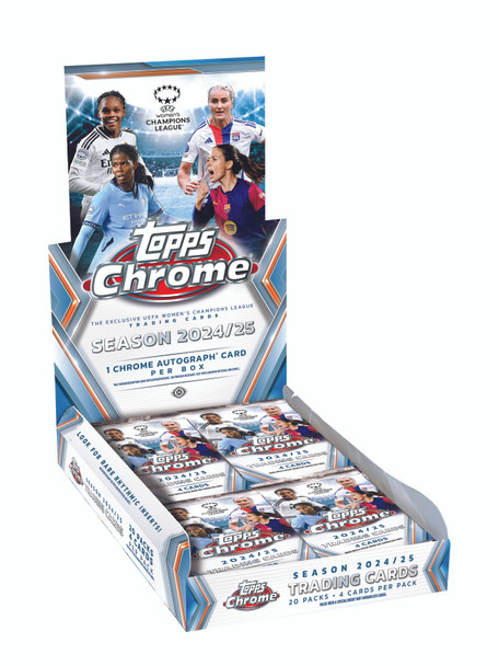 2024/25 Topps Chrome UEFA Women’s Champions League retail box featuring 20 packs of exclusive trading cards. Includes Chrome autographs, rhythmic inserts, and top UWCL players—ideal for soccer collectors and fans of the women’s game.