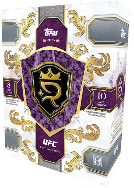 2025 Topps UFC Royal Collection Hobby Box featuring purple and gold royal design, 10 cards per box, and 8 guaranteed hits.