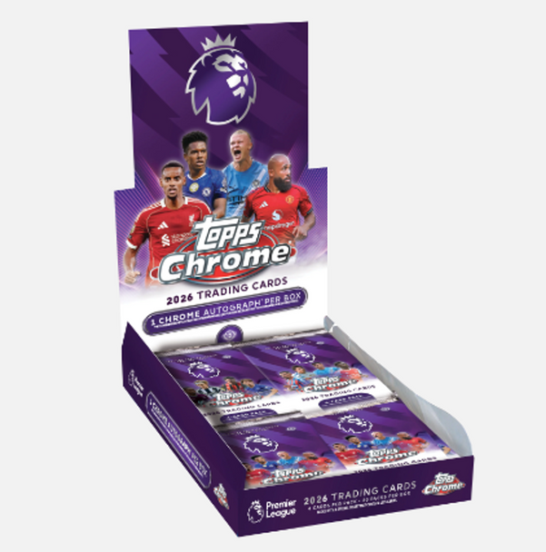 2026 Topps Chrome Premier League Soccer Hobby Box featuring chrome cards, stars, and autograph chase