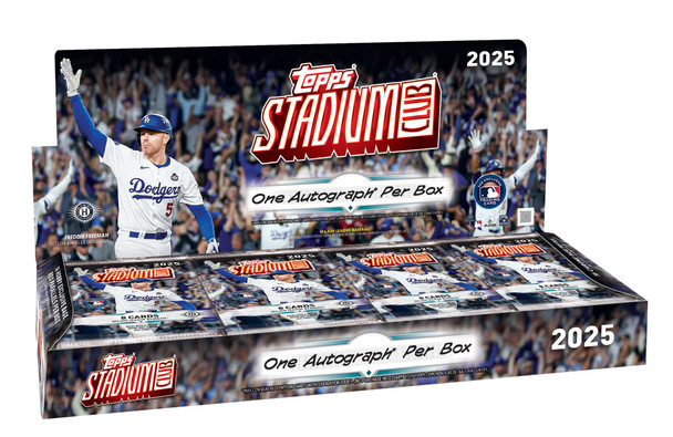 2025 Topps Stadium Club Baseball Hobby Box display featuring MLB stars and one autograph per box.