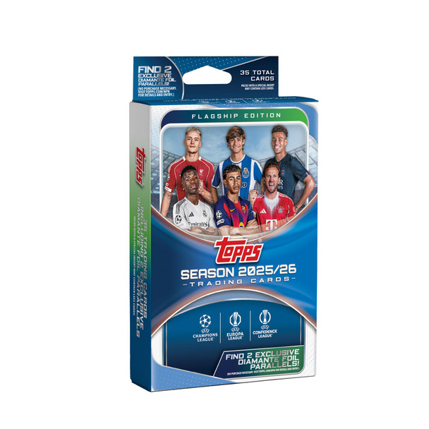 2025/26 UEFA Champions League Flagship Hanger Box featuring Topps soccer cards with elite clubs, star players, and classic Champions League design.