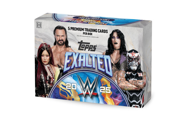 2025 WWE Exalted Hobby Box featuring premium wrestling trading cards with autographs, relic cards, and limited parallels of top WWE superstars and legends.
