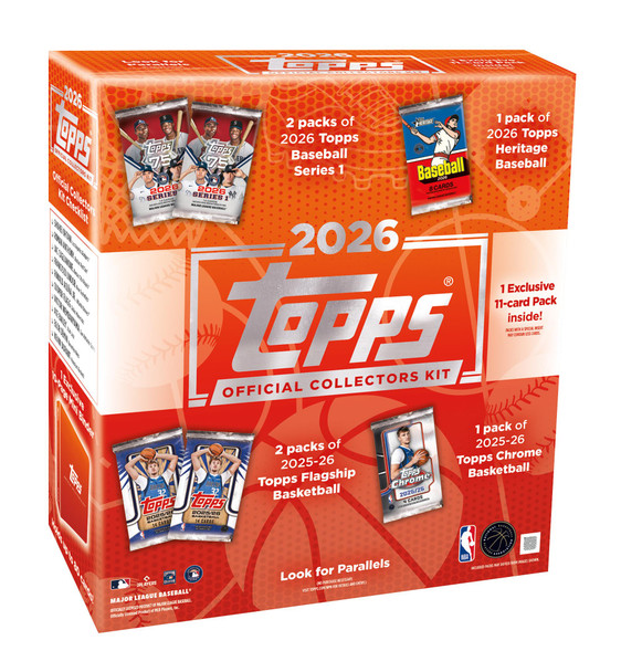 2026 Topps MLB x NBA Official Collectors Kit box featuring packs of Topps Series 1 Baseball, Heritage Baseball, Topps Basketball, and Chrome Basketball with an exclusive 11-card pack inside.
