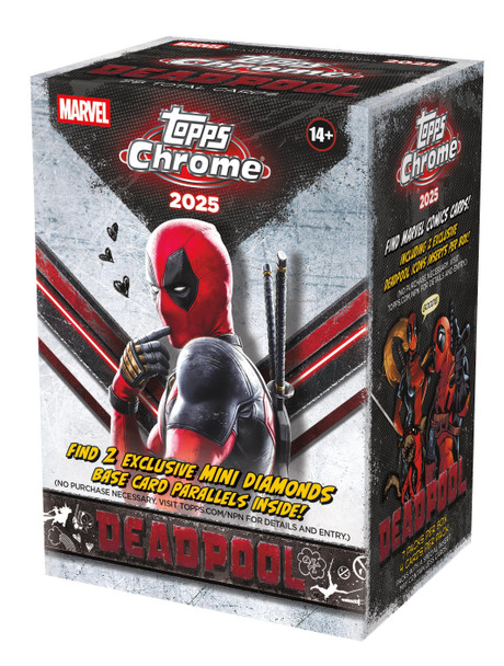 2025 Topps Marvel Chrome Deadpool Blaster Box featuring Deadpool artwork with exclusive Mini Diamonds parallels and packs of Marvel Chrome trading cards.