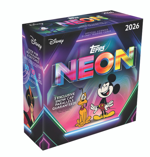 2026 Topps Disney Neon Mega Box featuring colorful Disney character artwork with neon-style trading cards, exclusive Snow Cap parallels, and packs of Disney trading cards.