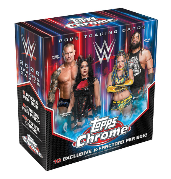 2026 Topps WWE Chrome Mega Box sealed retail box with WWE superstars artwork