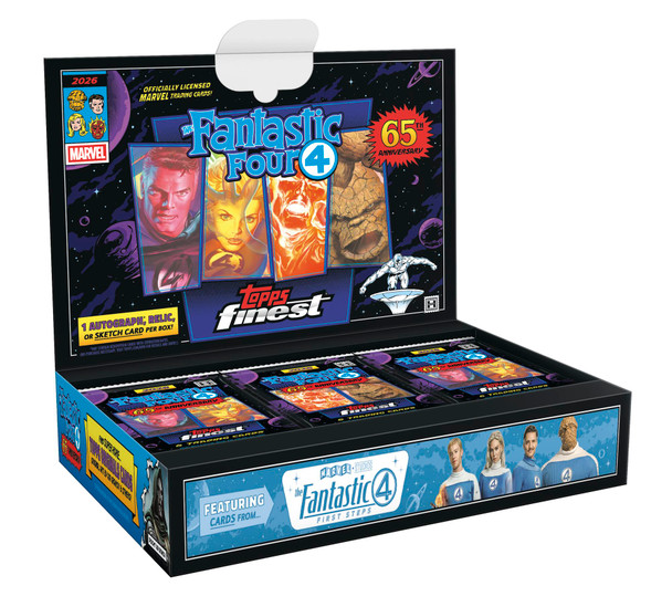 2026 Topps Finest Marvel Fantastic Four 65th Anniversary Hobby Box display featuring packs, chrome-style artwork, and guaranteed hit content.