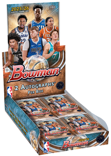 2025/26 Topps Bowman Basketball Hobby Box displaying NBA stars and top prospects with 2 autographs per box and premium trading card packs inside.