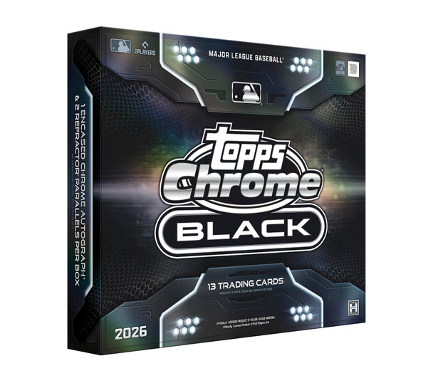2026 Topps Chrome Black Baseball Hobby Box showcasing sleek black chrome design with 1 encased autograph and premium MLB trading cards.