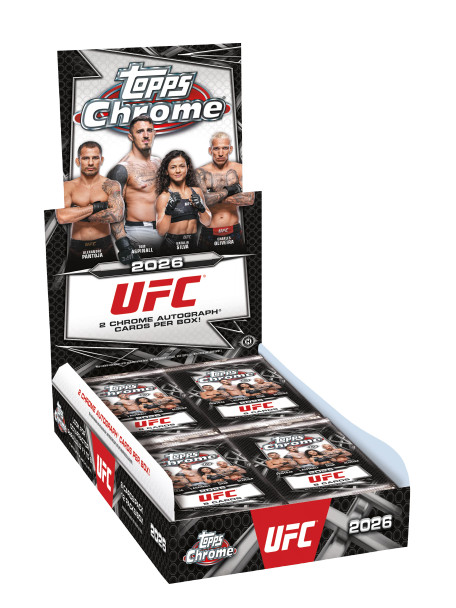 2026 Topps Chrome UFC Hobby Box featuring fighters on packaging with 2 guaranteed Chrome autographs and premium UFC trading card packs displayed.