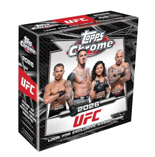 2026 Topps Chrome UFC Mega Box featuring UFC fighters on packaging with exclusive X-Fractor parallels and premium chrome trading cards.