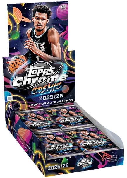 2025/26 Topps Chrome Cosmic NBA Basketball Hobby Box display featuring space-themed design with NBA player artwork and multiple sealed chrome packs inside.