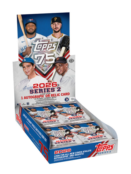 2026 Topps Baseball Series 2 Hobby Box featuring flagship MLB trading cards, Topps 75 anniversary branding, autograph and relic chase cards, and exclusive baseball card inserts.