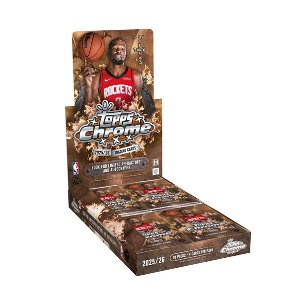 2025/26 Topps Chrome Cactus Jack Basketball Hobby Box featuring Kevin Durant artwork, exclusive chrome refractors, and autograph chase NBA trading cards.