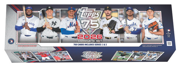 2026 Topps Complete Set Baseball retail box featuring 700 cards from Series 1 and Series 2 and showcasing stars including Aaron Judge, Vladimir Guerrero Jr., Paul Skenes, Bobby Witt Jr., and Shohei Ohtani.