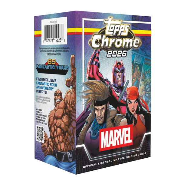 2026 Topps Chrome Marvel Comics Value Box featuring Gambit, Magneto, Elektra, and The Thing artwork, including exclusive Fantastic Four 65th Anniversary inserts and premium Marvel trading cards.