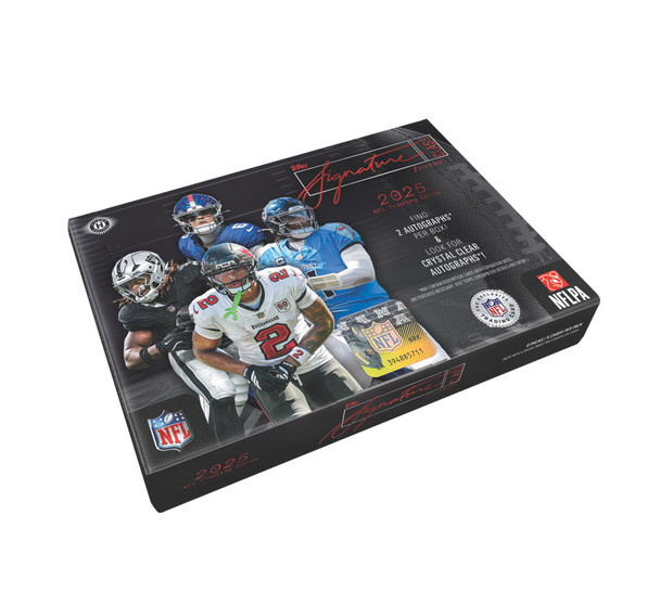 2025 Topps Signature Class Football Hobby Box featuring NFL stars and two autographs per box, including sought-after Crystal Clear Autographs and premium signature cards.