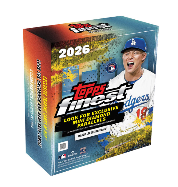 2026 Topps Finest Baseball Mega Box featuring exclusive Mini Diamond parallels, uncommon and rare base cards, and stars from across Major League Baseball.