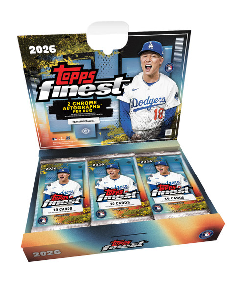 2026 Topps Finest Baseball Hobby Box featuring two Chrome autographs, colorful refractors, and premium cards of MLB stars, legends, and top rookies.