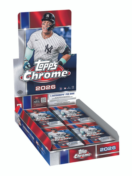 2026 Topps Chrome Baseball Hobby Box featuring 20 packs per box, 4 cards per pack, 1 guaranteed Chrome autograph, colorful Refractor parallels, rookie cards, Superfractors, and premium MLB trading cards.