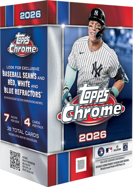 2026 Topps Chrome Baseball Value Box featuring 7 packs per box, 4 cards per pack, 28 total cards, exclusive Baseball Seams inserts, Red White and Blue Refractor parallels, rookie cards, and premium MLB trading cards.