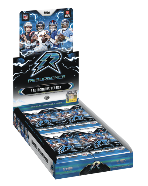 2025 Topps Resurgence Football Hobby Box featuring 12 packs, 6 cards per pack, and 2 autographs per box with premium NFL rookie and veteran Chrome trading cards.