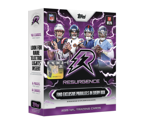 2025 Topps Resurgence Football Mega Box featuring 6 packs, 8 cards per pack, exclusive Mega Box parallels, and rare Electro Lights inserts with top NFL rookies, stars, and legends.