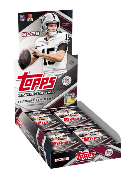 2026 Topps Football Hobby Box product image showing the sealed retail display with multiple packs inside, featuring official NFL and NFLPA branding and advertising one autograph or relic card per Hobby Box.