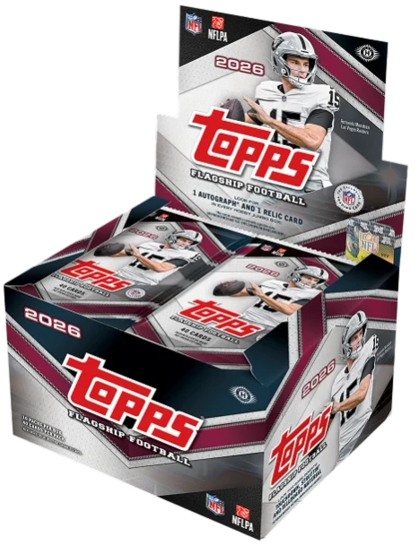Product image of the 2026 Topps Football Jumbo Box featuring official NFL and NFLPA branding, Topps Flagship Football packaging, and the premium Jumbo configuration designed for collectors seeking exclusive parallels, autograph cards, relic cards, and expanded pack content.