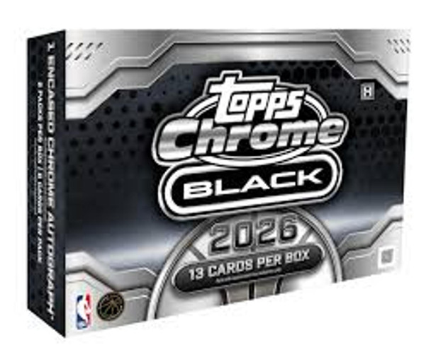 2025/26 Topps Chrome Black Basketball Hobby Box sealed product featuring 13 cards per box with premium Chrome Black rookie cards, autographs, parallels, and exclusive NBA inserts.