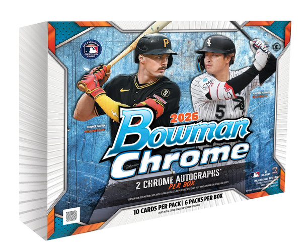 2026 Bowman Chrome Baseball Hobby Box featuring Konnor Griffin and Munetaka Murakami, with 6 packs, 60 total cards and 2 Chrome autographs per box.