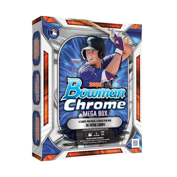 2026 Bowman Chrome Baseball Mega Box featuring Colorado Rockies prospect Ethan Holliday, with 6 packs and 36 total baseball cards per box.