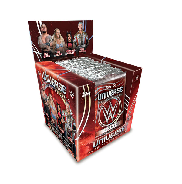 2026 Topps Universe WWE Hobby Box featuring Cody Rhodes, Solo Sikoa, Sol Ruca and Stephanie Vaquer with sealed 12-card trading card packs.