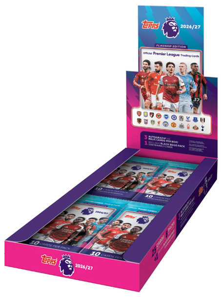 2026/27 Topps Premier League Flagship Jumbo Box with 25 packs, 10 cards per pack, 3 autograph or relic cards and a Deluxe Black Edge Pack.