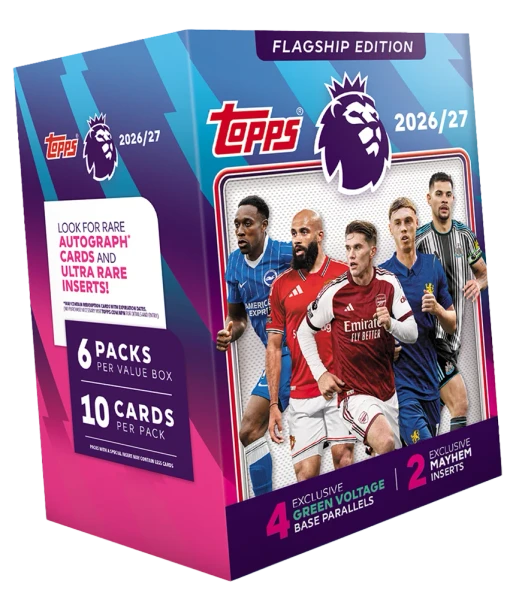 2026/27 Topps Premier League Flagship Value Box with 6 packs, exclusive Green Voltage parallels and Mayhem inserts.