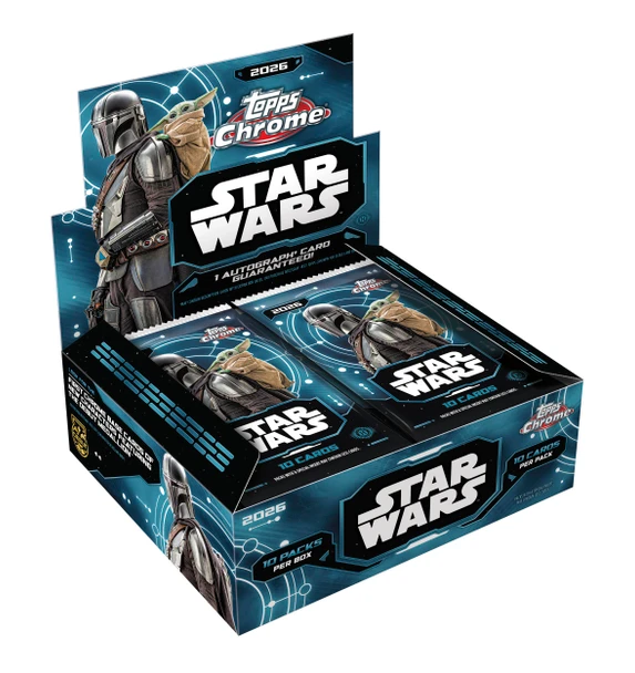 2026 Topps Chrome Star Wars Hobby Box featuring The Mandalorian and Grogu, with 10 packs per box, 10 cards per pack, and one guaranteed autograph card.
