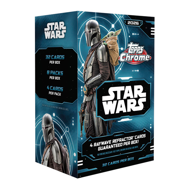 2026 Topps Chrome Star Wars Value Box featuring The Mandalorian and Grogu with 32 cards and 4 guaranteed RayWave Refractor cards per box.