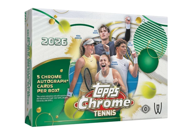 2026 Topps Chrome Tennis Breakers Delight Box featuring Mirra Andreeva, Jack Draper, Ben Shelton and Amanda Anisimova with 5 Chrome autograph cards per box.