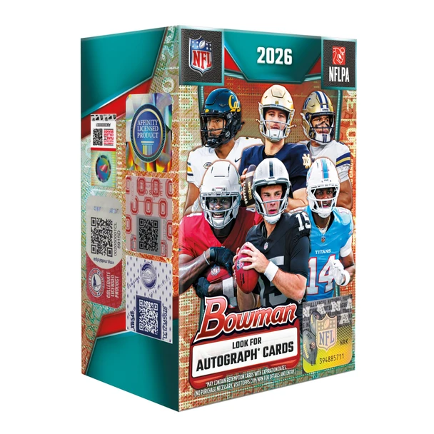 2026 Bowman Football Value Box featuring NFL rookies, veterans and top college football prospects with 1st Bowman cards, inserts, parallels and autograph cards to chase.