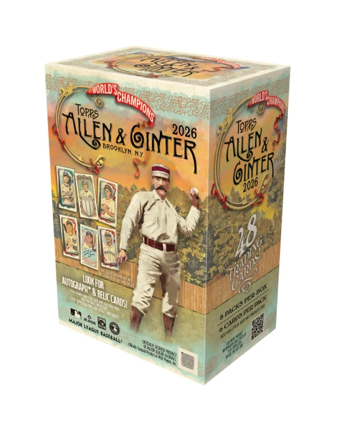 2026 Topps Allen & Ginter Baseball Value Box with 8 packs and 48 cards featuring MLB stars, rookies, mini cards, inserts, autographs and relics.