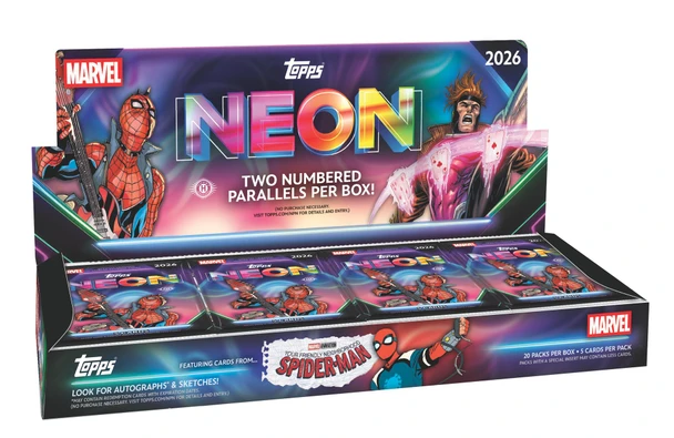 2026 Topps Marvel Neon Hobby Box with 20 packs and 100 cards featuring two numbered parallels per box plus Marvel autographs, sketches and inserts to chase.