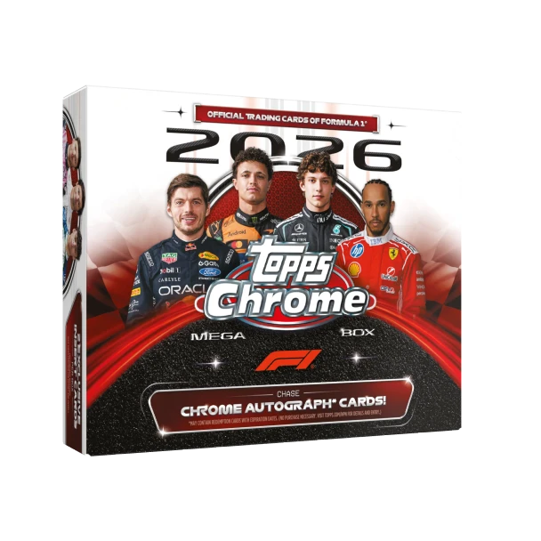 2026 Topps Chrome Formula 1 Mega Box featuring F1 stars Max Verstappen, Lando Norris, Kimi Antonelli and Lewis Hamilton with Chrome autographs to chase.