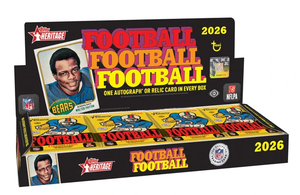 2026 Topps Heritage Football Hobby Box featuring vintage-inspired NFL card designs and one autograph or relic card per box.