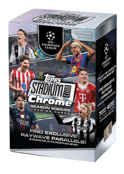 2025/26 Topps Stadium Club Chrome UEFA Champions League Value Box featuring soccer players and exclusive RayWave parallel branding.