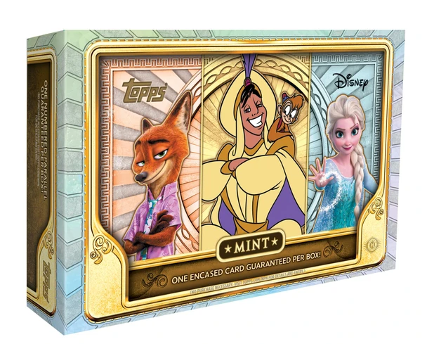 2026 Topps Disney Mint Hobby Box with ornate gold and silver packaging featuring Nick Wilde, Aladdin with Abu, and Elsa.